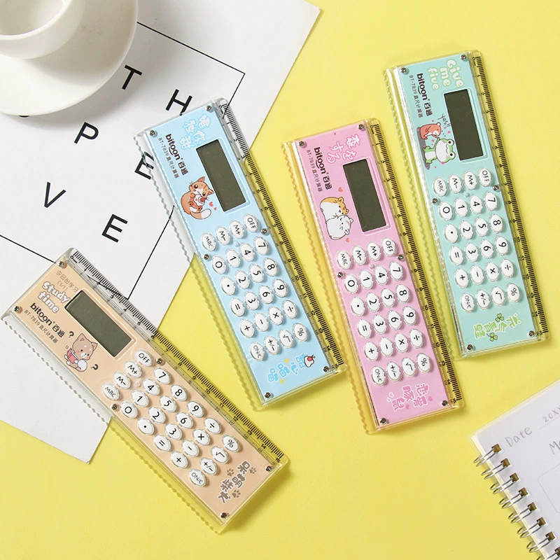 Линейка-калькулятор, оптовая продажа, мультяшные студенческие принадлежности, обучающие канцелярские принадлежности, линейка, мини-мини-цифровой подарочный калькулятор