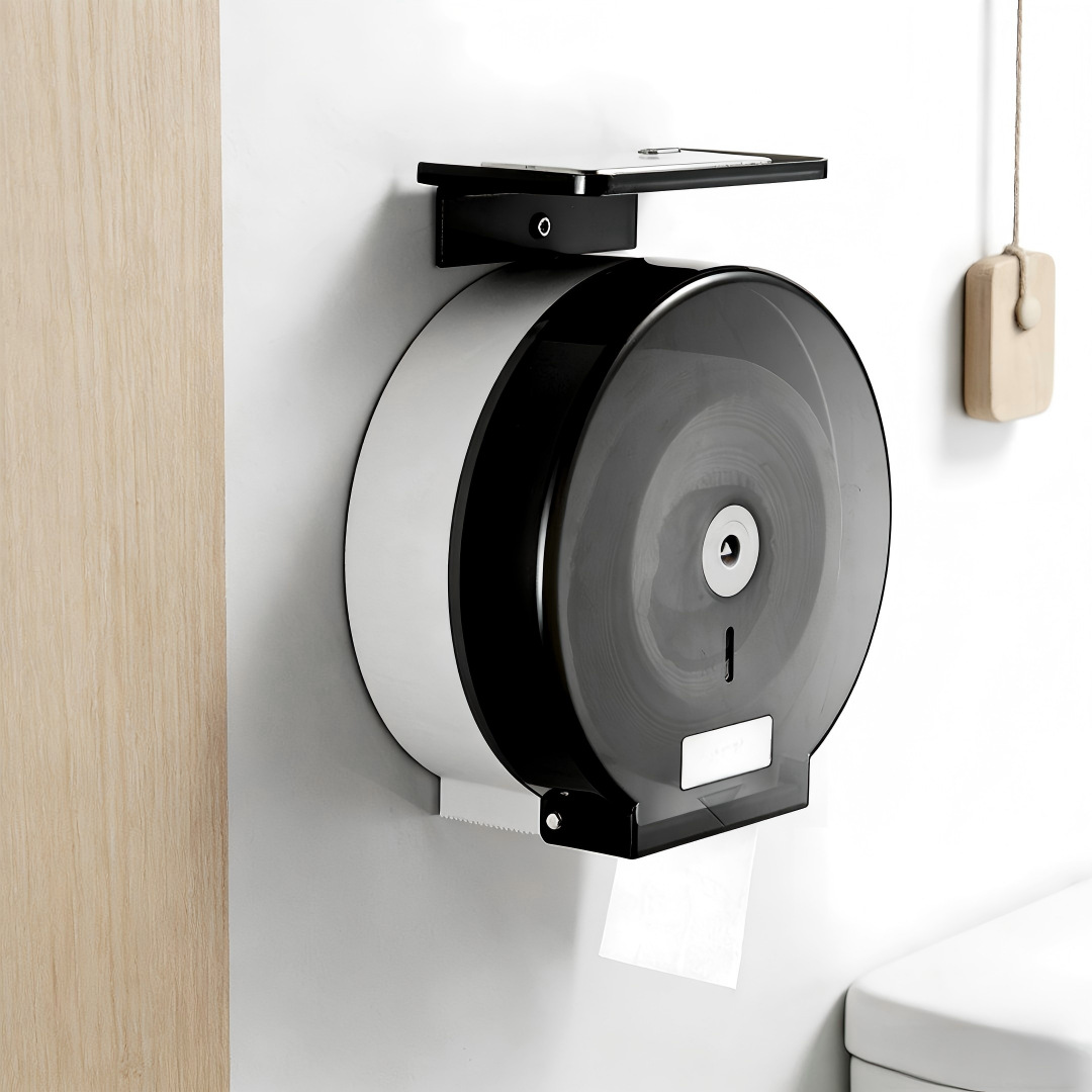 Caja de pañuelos para sala de estar y baño con tapa, soporte de papel higiénico de plástico para montar en la pared, sin necesidad de taladrar.