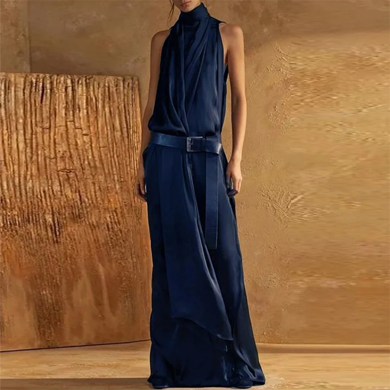 Halter Neck Bodycon Maxi Dress – Stretchy Polyester Slit Hem Evening Gown (S-3XL, 3 Sophisticated Colors, Euro-US Streetwear Elegance)_ecoleips.com
