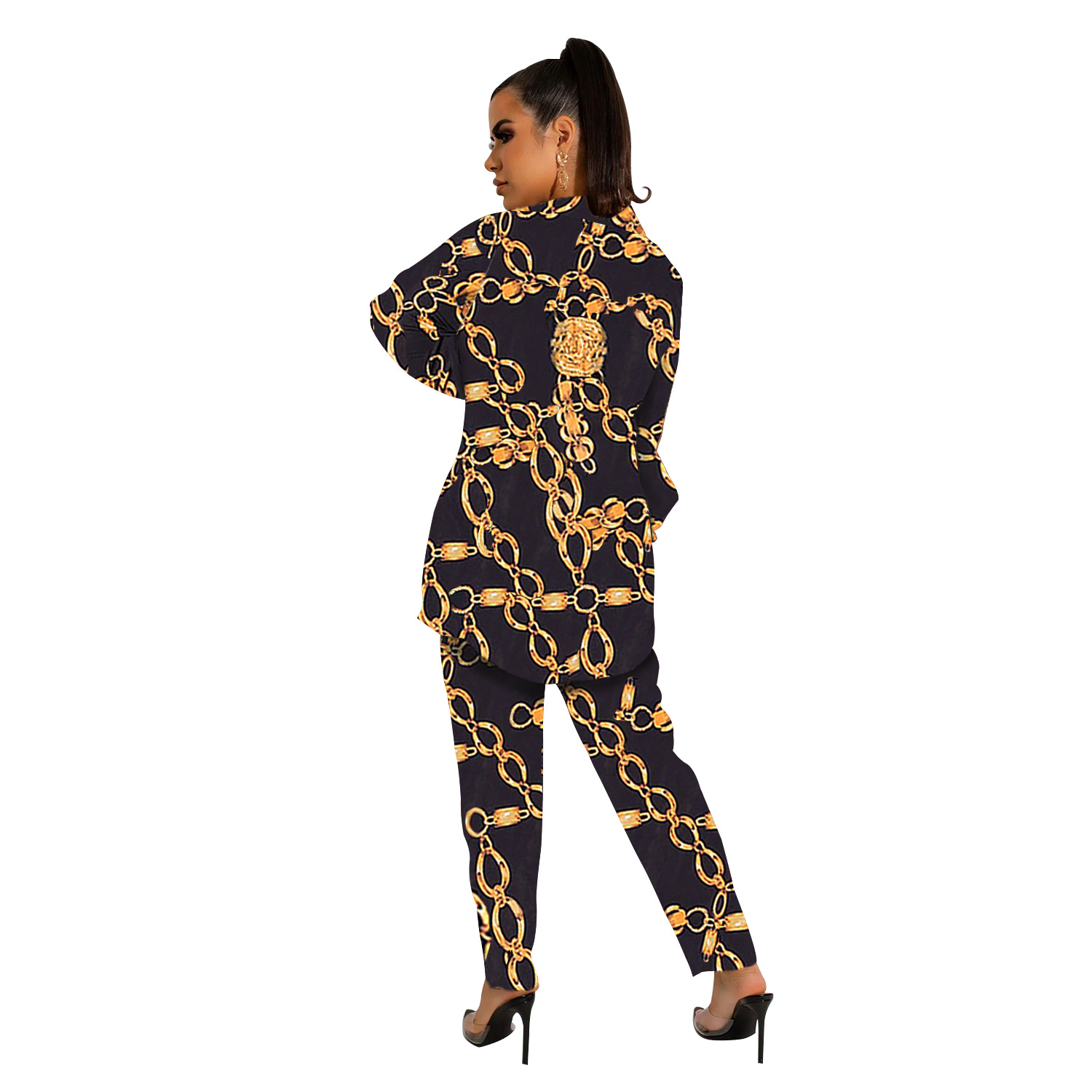 Women's Pant Set With Long Sleeved Collared Jacket And Trousers_voghion.com