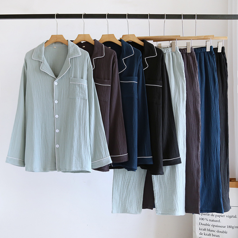 Homewear Men's Solid Color Cotton Long Sleeve Cardigan Pajamas Set Thin Loose Plaid Soft Spring Summer Male Underwear