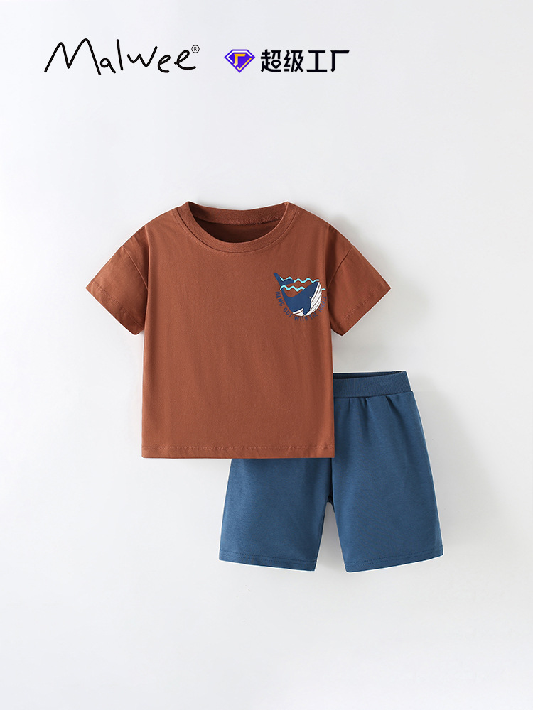 Malwee traje para niños verano nuevo estilo europeo y americano niños pequeños y medianos cuello redondo manga corta cintura elástica pantalones casuales de dos piezas
