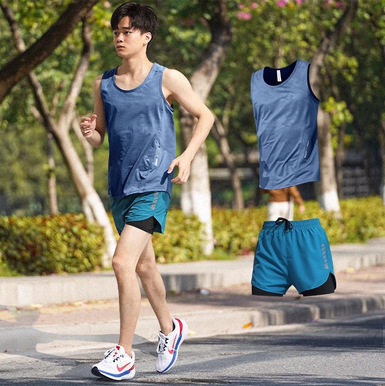 Ropa de fitness para hombres maratón atletismo chaleco deportivo running set entrenamiento de verano hielo equipo de secado rápido