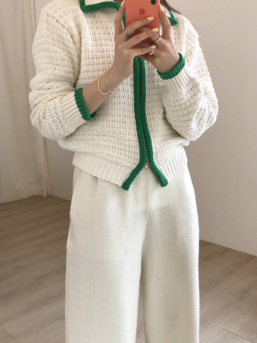 Contrast Thick Needle Zipper Cardigan Sweater Coat