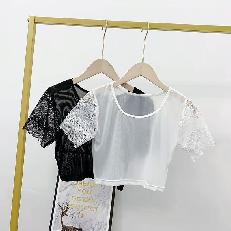 Lace See-Through Half-Sheer Mesh Undershirt Women's Short-Sleeve T-Shirt Inner Wear Transparent Half-Length Sheer Short Top