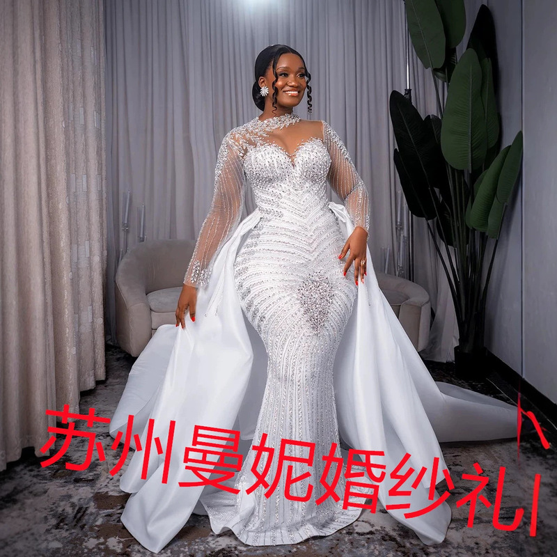 Amazon's new foreign trade wedding dress, African cross-border bridal long-sleeve lace detachable wedding gown Amazon's new foreign trade wedding dress, African cross-border bridal long-sleeve lace detachable wedding gown