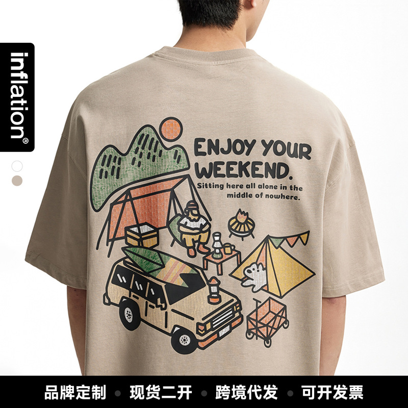 Jie Zhan Men's Clothing | Heavy-Duty Outdoor Camping Printed T-Shirt 26 Summer Mountain Style Loose Cityboy Pure Cotton Short-Sleeve T-Shirt.