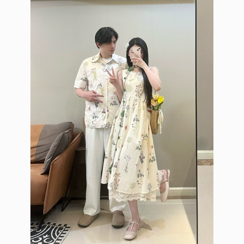 [Набор из двух частей] Новый китайский стиль новая пара летняя футболка мужская футболка с короткими рукавами s женская цветочная юбка