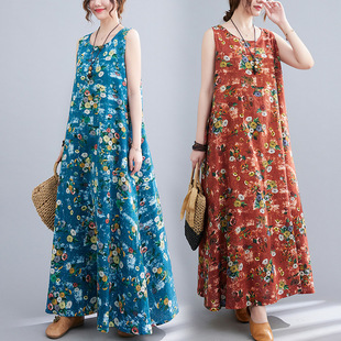Real Shot of the 2025 Summer New Large-Size Retro Artistic Loose Printed Sleeveless Cotton and Linen Tank Top Long Dress for Women