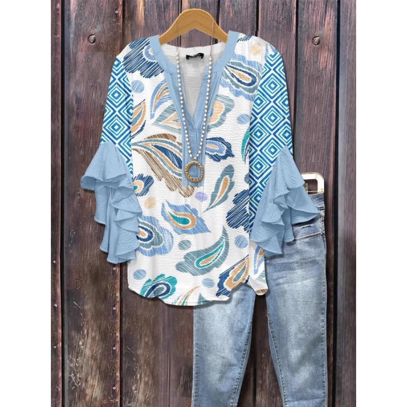 3D New Cross-Border Creative Floral Element Print Digital Print Casual Trendy V-Neck Ruffle T-Shirt Women's Top