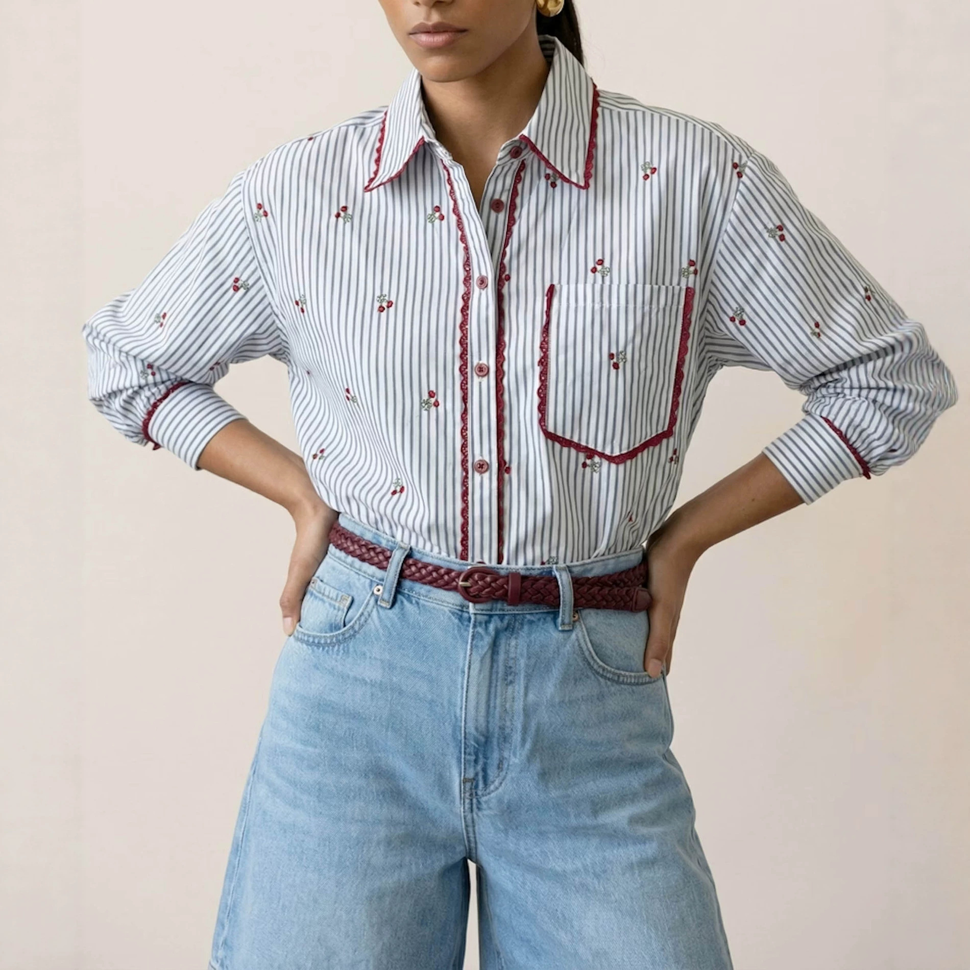 Cereza francesa bordada rayas camisa de mangas largas mujeres europeas y americanas camisa de viaje delgada suelta image 4