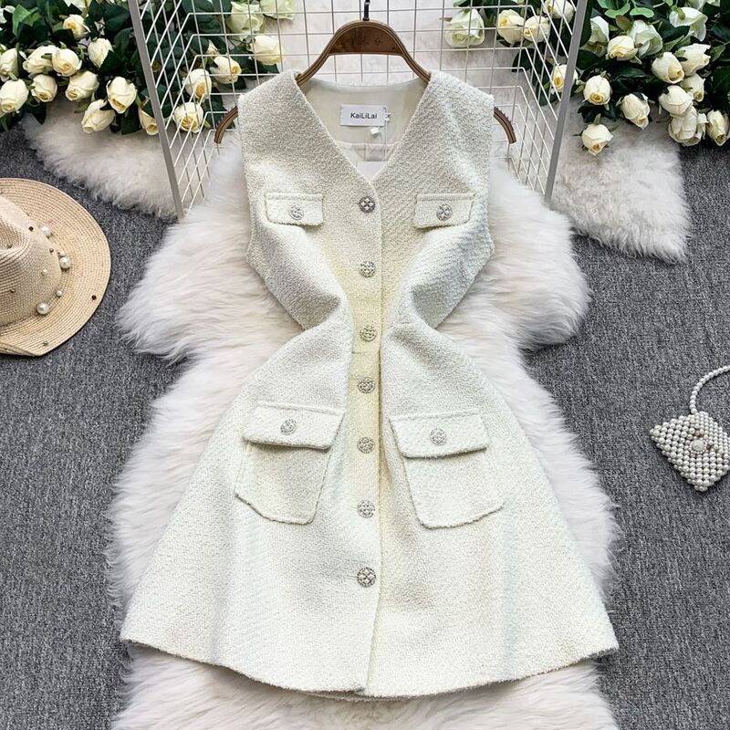 2025 New Summer Style French Socialite Rhinestone Flower Buckle Tweed Waist Vest Dress Small Fragrant Dress for Women