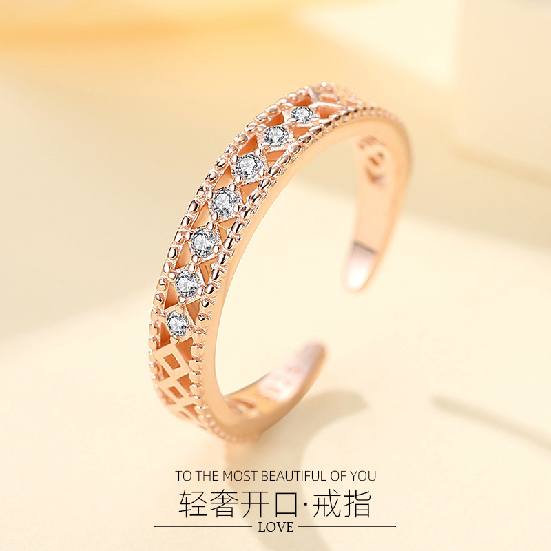 S925 plata esterlina transfronteriza dedo índice hueco solo anillo femenino estilo europeo y americano Luz de lujo micro incrustaciones moda anillo abierto moda venta al por mayor