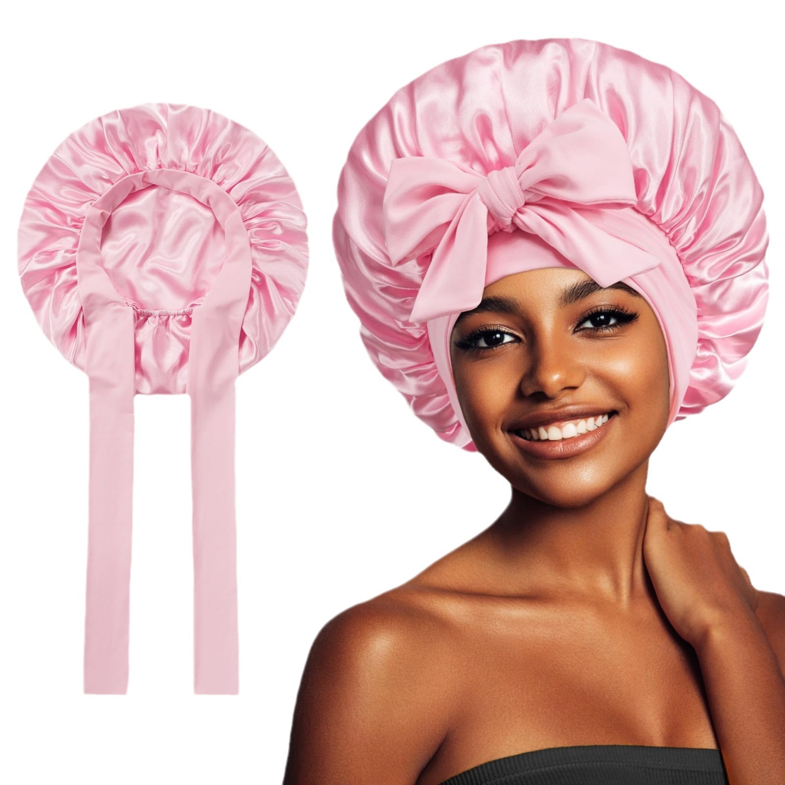 Amazon Stretch Ribbon Pate Bow Round Hat Solid Color Silk Nightcap Wide-brimmed Beauty Hairdressing Headwear Hat