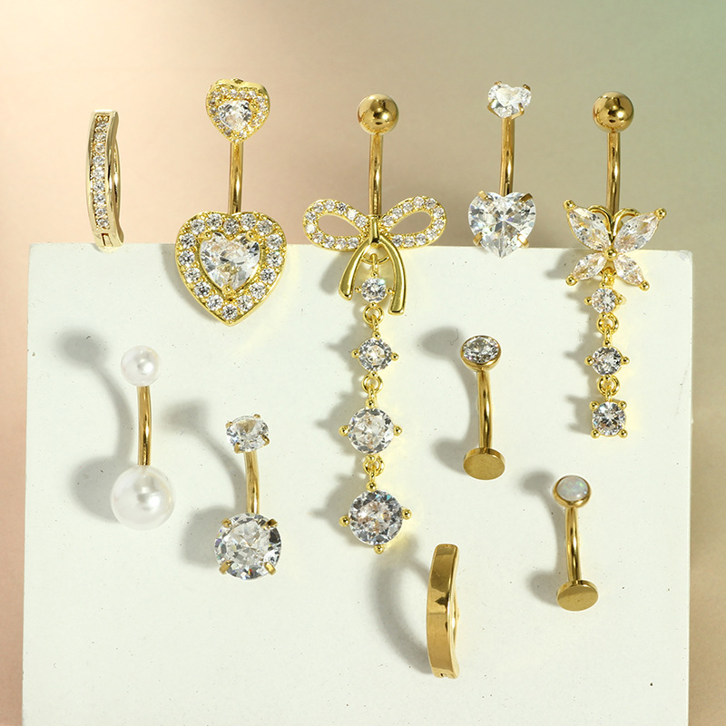 10-Piece Pink Peach Heart Butterfly Navel Ring Belly Button Piercing Jewelry Set detail image 5