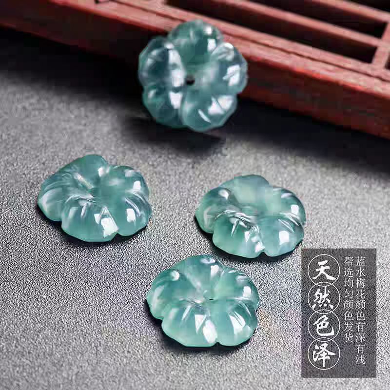 缅甸翡翠冰种蓝水梅花DIY配件散珠新中式耳饰手链发簪手作