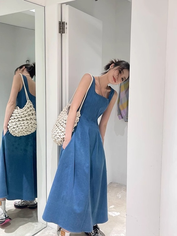 蓝雾之恋法式牛仔连衣裙女夏小众设计感收腰气质吊带长裙蓝色中东|undefined
