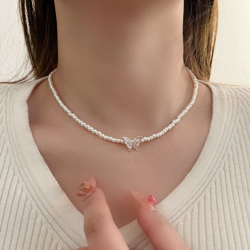 辣妹蝴蝶项链女爆款百搭感不掉色小众设计爱心珍珠锁骨链饰品批发|undefined