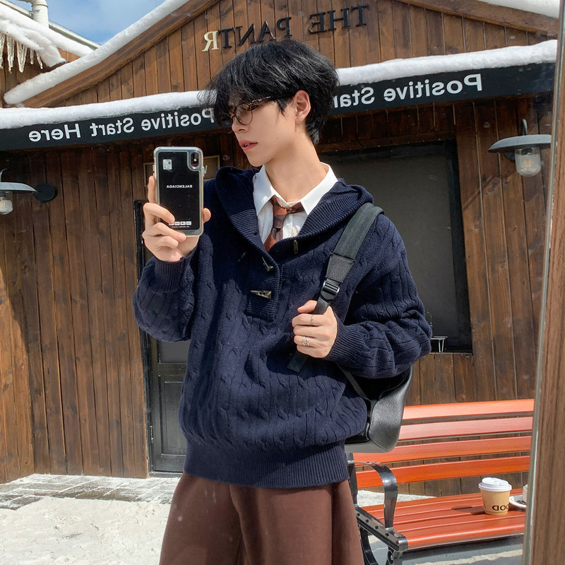 2026 Autumn/Winter Retro Half-Zip Old Money Horn Button Cable Knit Hooded Sweater Jacket for Men Trendy 2026 Autumn/Winter Retro Half-Zip Old Money Horn Button Cable Knit Hooded Sweater Jacket for Men Trendy
