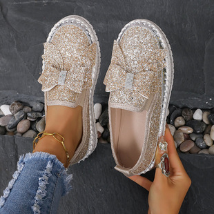 Cross-Border Large Size Rhinestone Shallow Loafers for Women 2025 Spring New Korean Style Slip-On Thick-Soled Lazy Shoes Wholesale