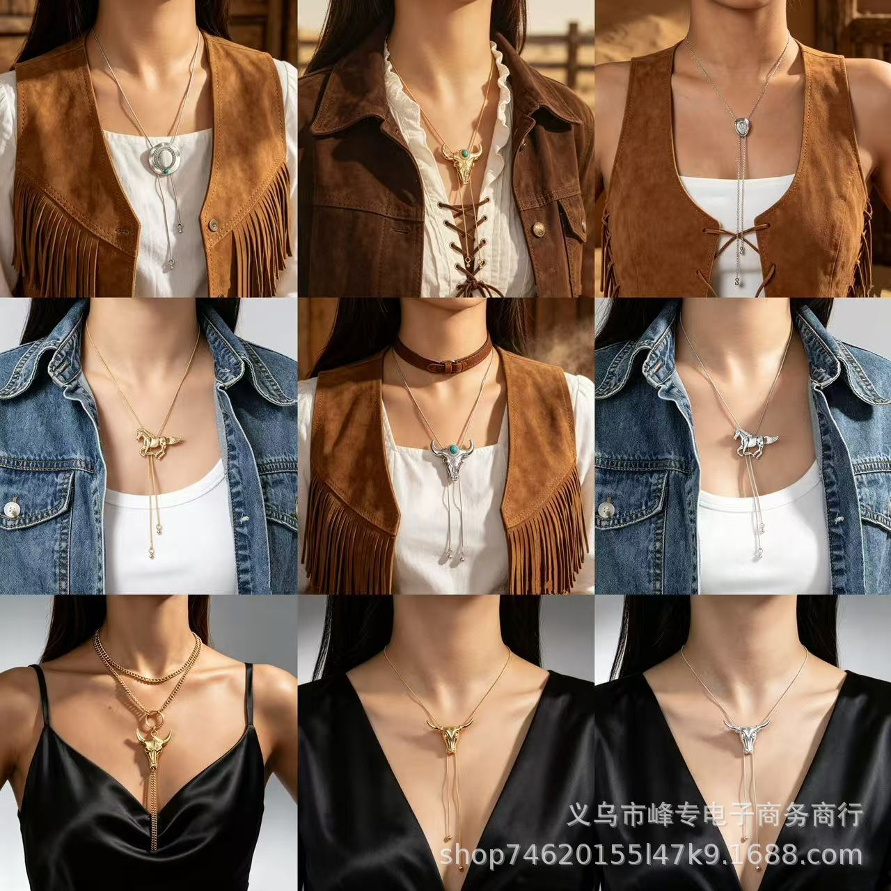 Amazon's new cross-border vintage western ethnic style alloy cowboy hat with pull-out women's long necklace
