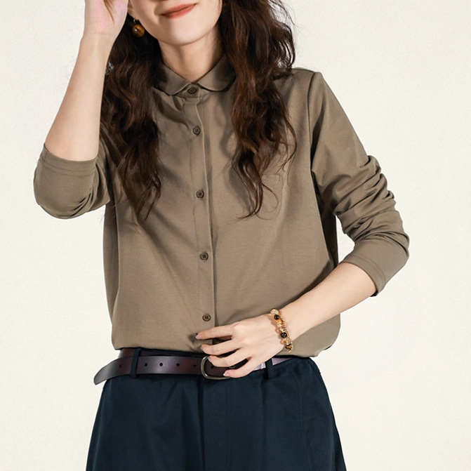 Knitted Cotton Slim-Fit Shirt That Covers the Body and Makes You Look Slimmer, Autumn and Winter Relaxed Feel, Soft and Simple Solid Color Soft and Glutinous Base Shirt for Women