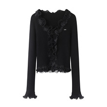 现货  2025秋季新女气质荷叶边蕾丝拼接V领黑色针织开衫RL9060141