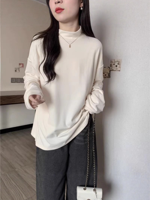 白色半高领德绒打底衫女秋冬内搭加绒加厚保暖长袖t恤上衣欧美风|undefined