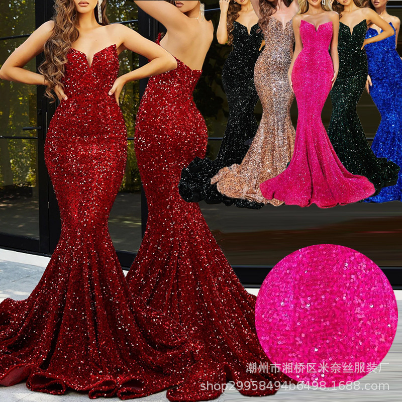 Cross-border Autumn and Winter Christmas Dress Women's Large Swing Tube Top Sequin Long Skirt Party Amazon Evening Dress Sequin Tail