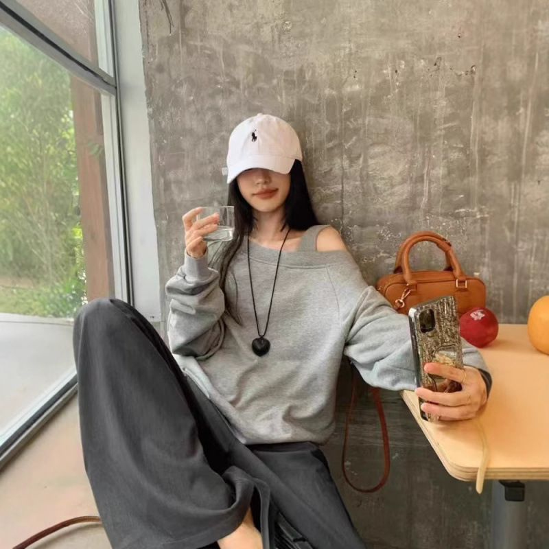 [Lightning Warehouse Hot Style] American-Style Slanted Shoulder Off-Shoulder Loose Pullover Long-Sleeved Sweatshirt Design Sexy Loose Top