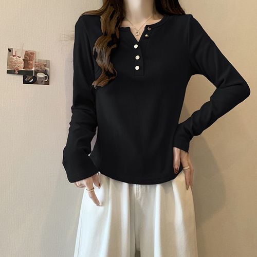 Autumn/Winter Pure Cotton Square Shoulder Slim Fit Long Sleeve T-shirt for Plus Size Women, Stylish V-neck, Versatile Women's Top for 200 lbs