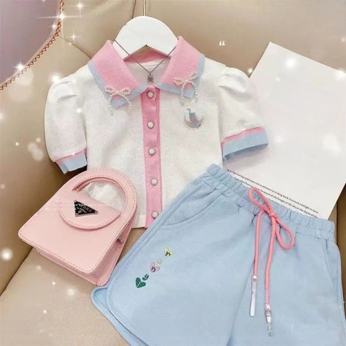 Girls' Short Sleeve Set 2024 Summer New Children's Korean Style Polo Shirts and Shorts Fashion Two-Piece Set Trendy