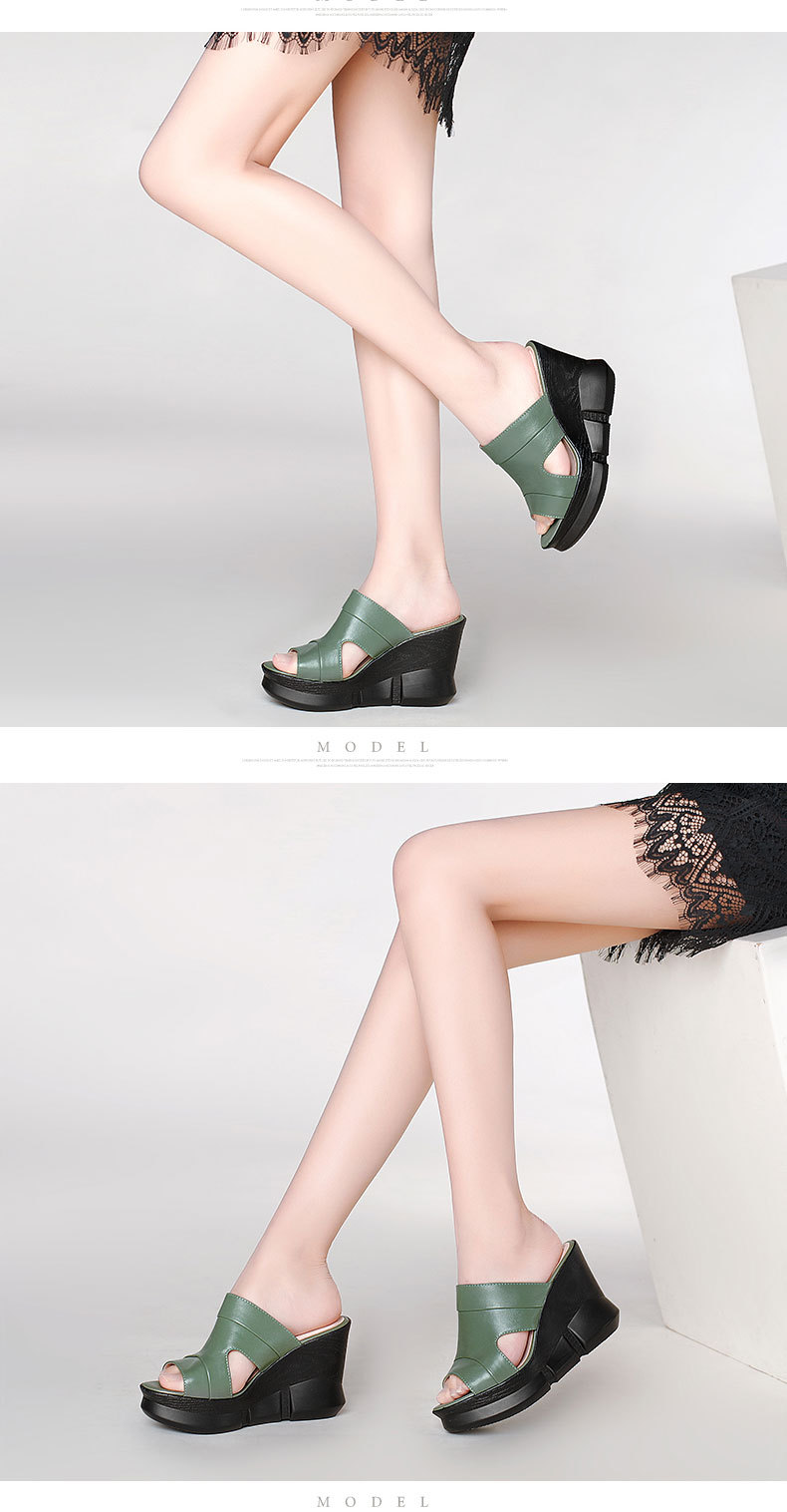 Sandal nữ da bò mũi cá gót xuồng cao đế dày phong cách mới xuân hè — Màu đen chi tiết 8