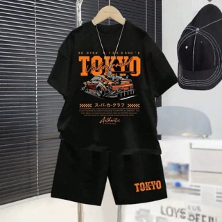 独立站2026男童夏装美式潮流东京赛车印花百搭痞帅黑色套装现货