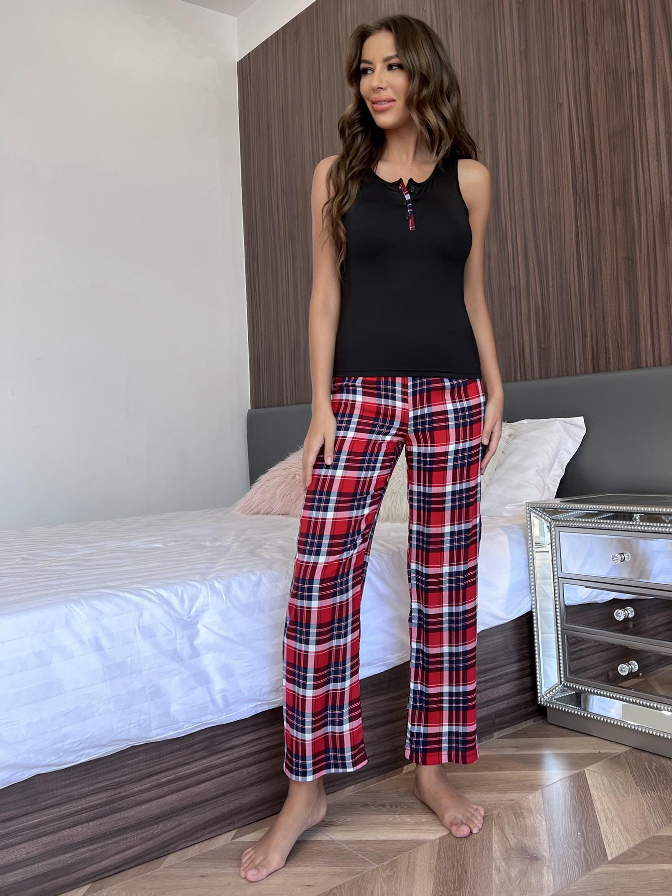 sleeveless wide-leg high waist slim plaid vest and trouser Loungewear-Can be worn outside NSWFC130815