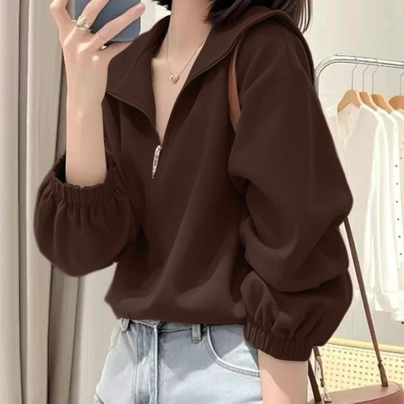 半拉链设计感连帽卫衣女秋季新款复古宽松落肩显瘦休闲长袖上衣潮|undefined