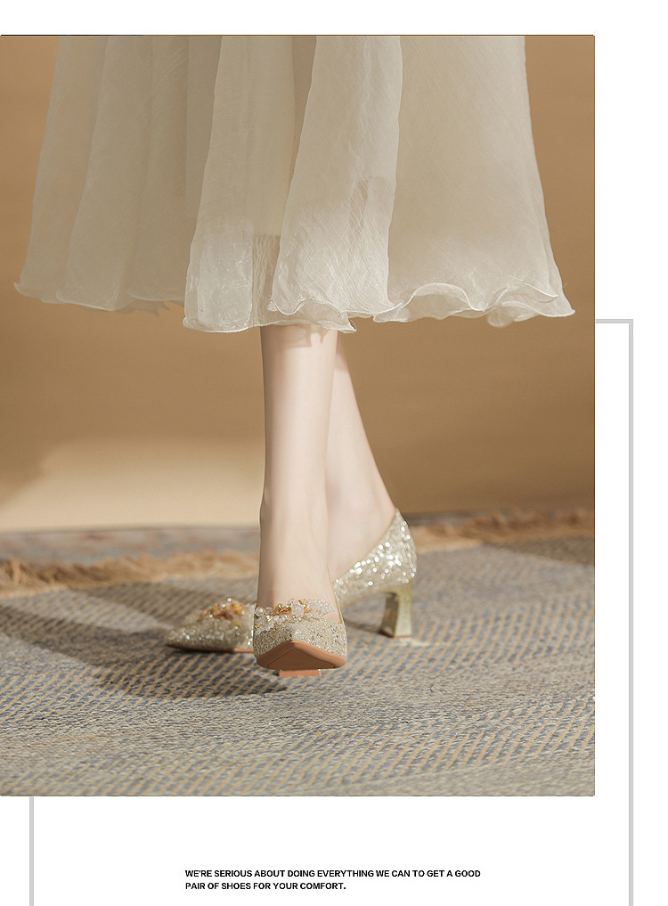 Giày cưới đính sequin mũi nhọn gót vuông cao 6 cm — Màu Sâm panh chi tiết 12