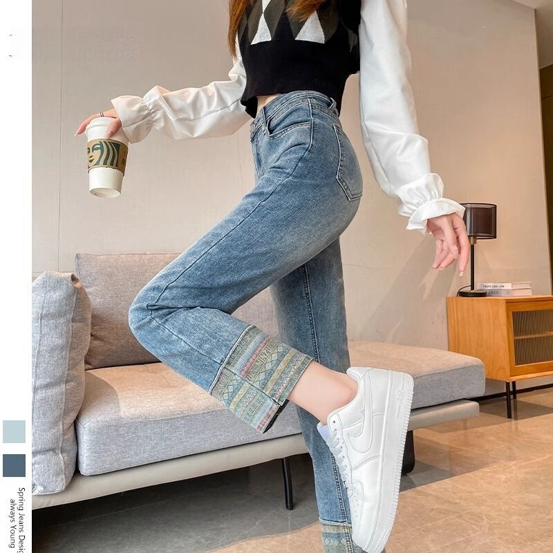 Women's Cigarette Jeans Summer Wear 2026 Spring New Style Rolled Hem High Waist Loose Plus Size Straight Ethnic Style