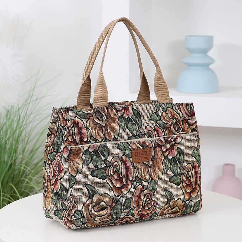 This retro handbag features a tote flower oil painting style. It's convenient to carry a lunch box to work. It has a large capacity and is a mommy bag for going out Application Scenario