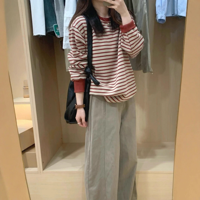 工厂批发韩系早秋新款红色条纹卫衣女慵懒高级感宽松休闲长袖上衣|undefined