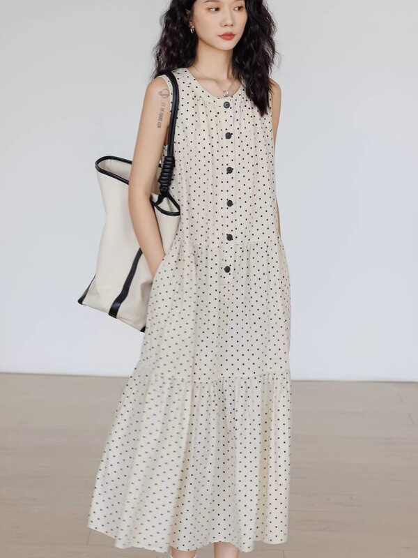 French-style polka dot linen sleeveless dress for women, new summer holiday style, stunning mini tank dress