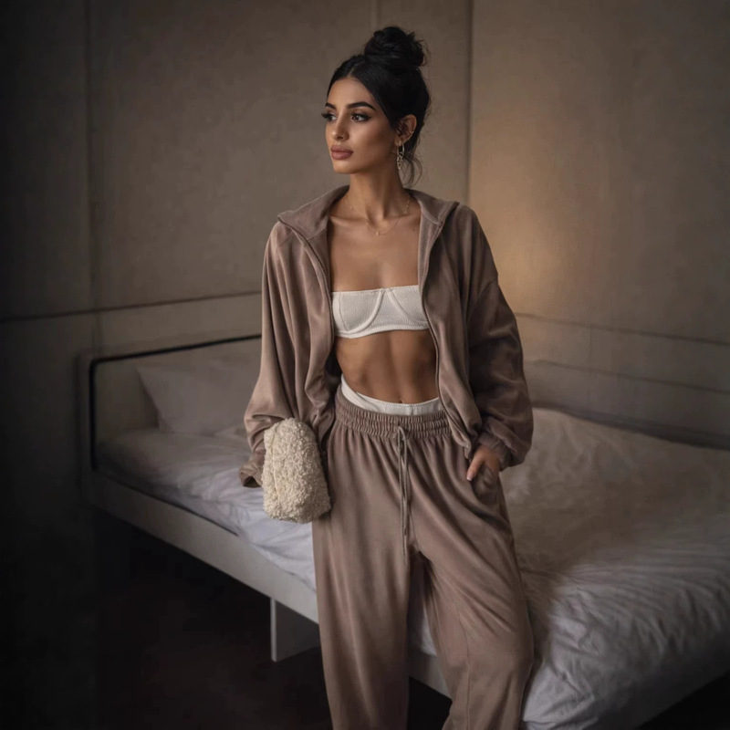 Cross-Border Foreign Trade New European and American Style Casual Women's Suit Solid Color Long-Sleeve Zip-Up Jacket and Sweatpants Two-Piece Set Cross-Border Foreign Trade New European and American Style Casual Women's Suit Solid Color Long-Sleeve Zip-Up Jacket and Sweatpants Two-Piece Set