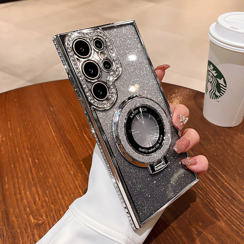 サムスン S25 保護ケース S22 サイドドリル携帯電話ケース s24 透明ラインストーン磁気ホルダー A56 落下防止グリッターに適しています|undefined