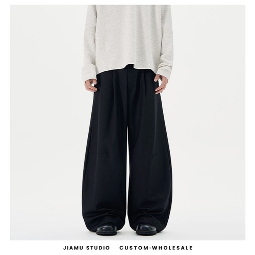 JIAMU Pleated Trousers, American Street Style Baggy Neutral Curved Blade Casual Wide Leg Loose Silhouette Pants for Men and Women