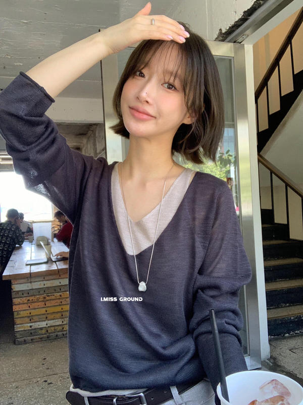 IMISS 2025秋季韩系小心机V领假两件冰丝长袖针织衫女上衣H01188|undefined