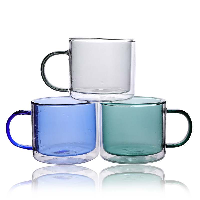 Vidrio de borosilicato para el hogar taza de agua de doble capa con aislamiento de doble capa taza de café con leche forro de color con mango taza de doble capa
