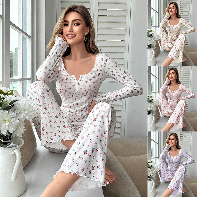 Cross-Border Popular European and American Style Autumn and Winter Home Wear Floral Long-Sleeved Pants Suit Casual and Fashionable Pajamas That Can Be Worn Outside