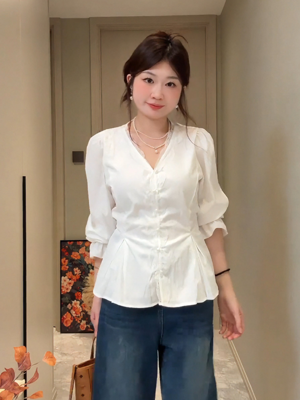2025大码胖mm法式蕾丝拼接长袖白色衬衫女秋季显瘦感收腰衬衣上衣|undefined