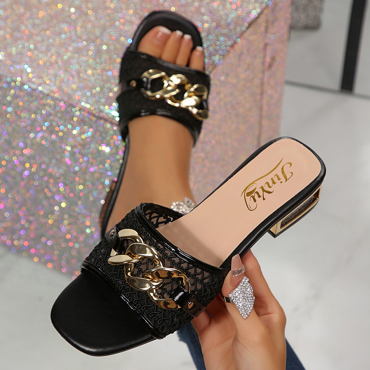 Sandalias Mules de Punta Cuadrada de Cuero Sintético con Tacón Ancho para Verano