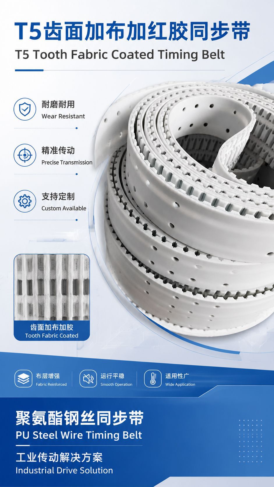 High-quality polyurethane synchronous belt, rubber transmission synchronous belt, 50ATN10, 75ATN10, T5 toothed surface with red adhesive